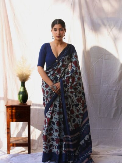 Floral Design Printed Cotton Blue Saree