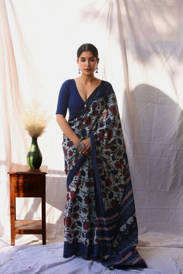 Floral Design Printed Cotton Blue Saree