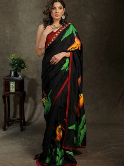 Designer Floral Printed Black Saree