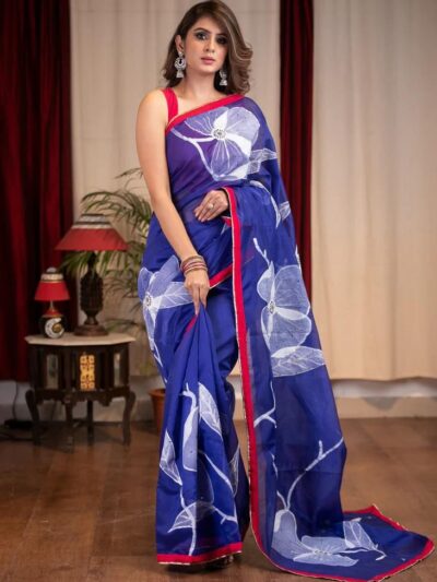 Latest Floral Printed Blue Saree