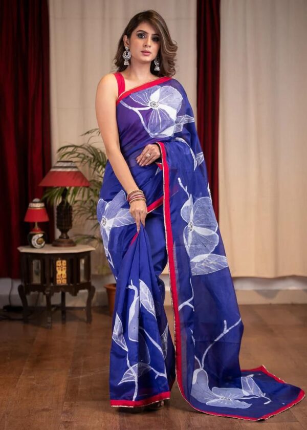 Latest Floral Printed Blue Saree