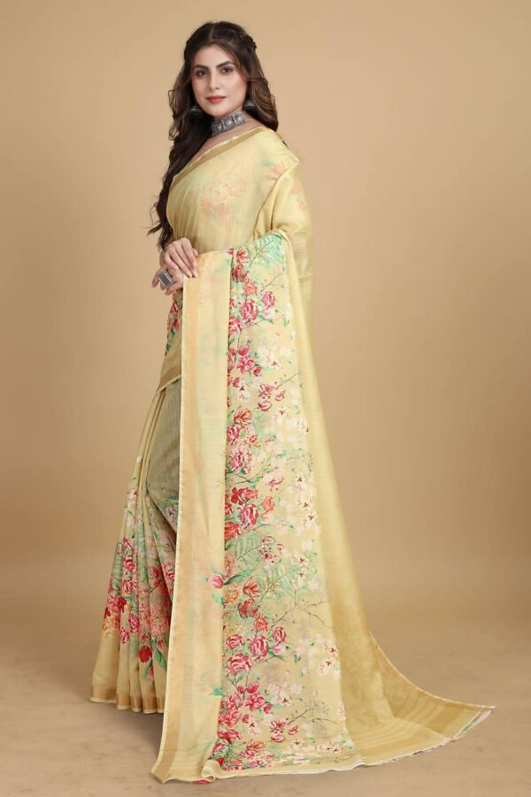 Fancy Women Cotton Floral Yellow Saree