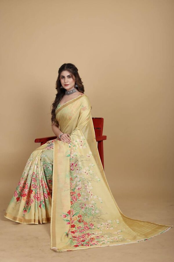 Fancy Women Cotton Floral Yellow Saree