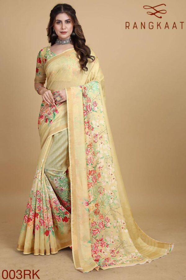 Fancy Women Cotton Floral Yellow Saree