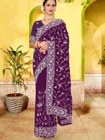 Wedding Purple Saree In Embroidery Work