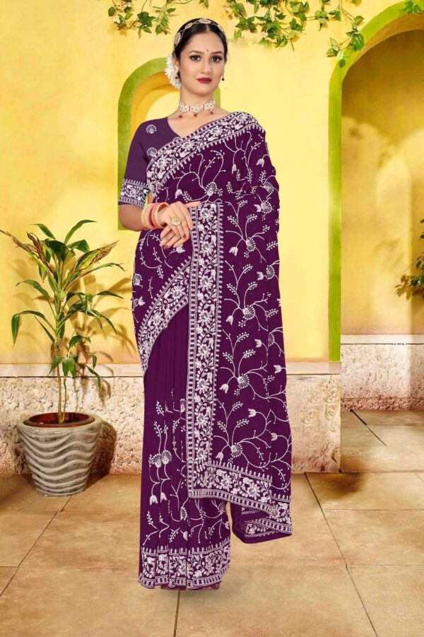 Wedding Purple Saree In Embroidery Work