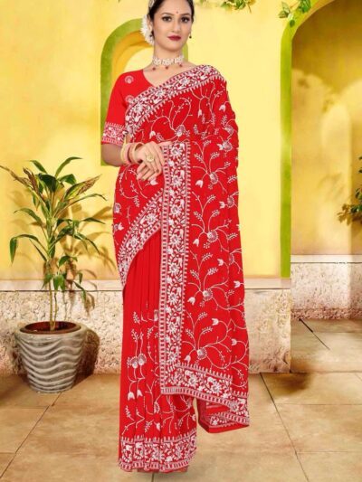 Embroidery Work Wedding Red Saree