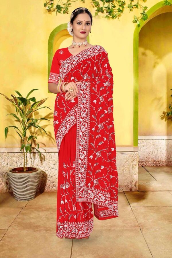 Embroidery Work Wedding Red Saree