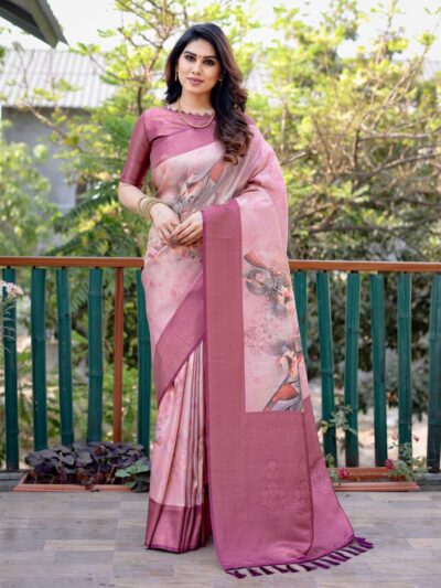 Festival Wear Floral Printed Silk Pink Saree