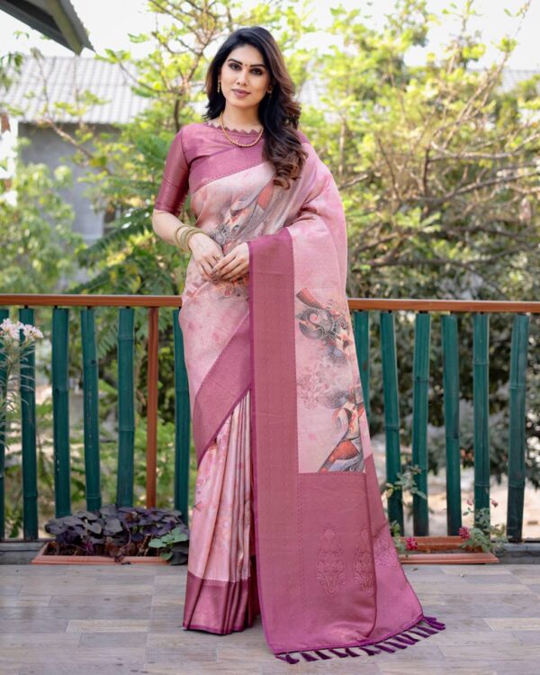 Festival Wear Floral Printed Silk Pink Saree