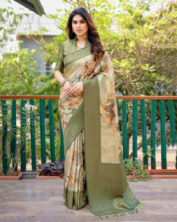 Stylish Designer Green Saree With Print