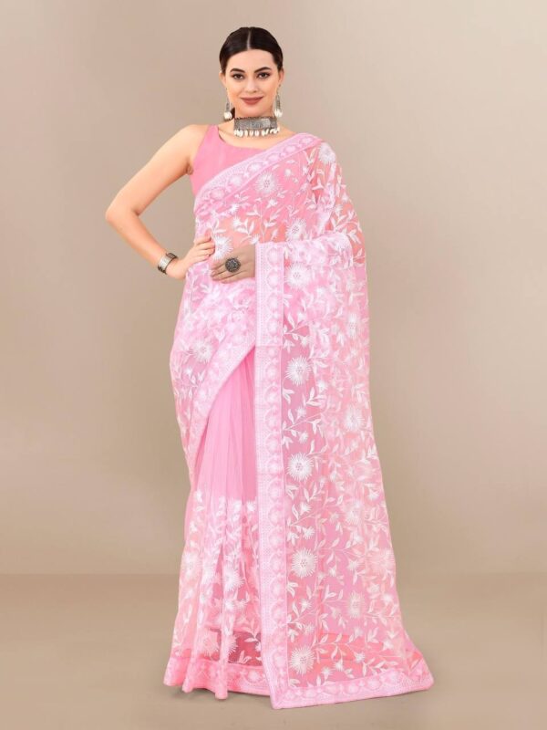 Party Wear Net Work Pink Saree