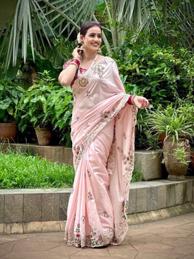 Wedding Silk Fancy Work Pink Saree