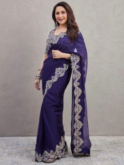 Bollywood Blue Saree Stylish Work Border