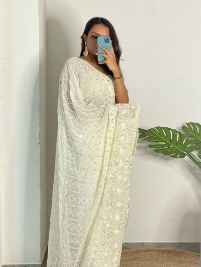 Women's Festival Sequence White Saree