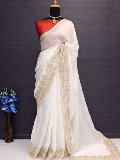 Heavy Work Border Fancy White Saree