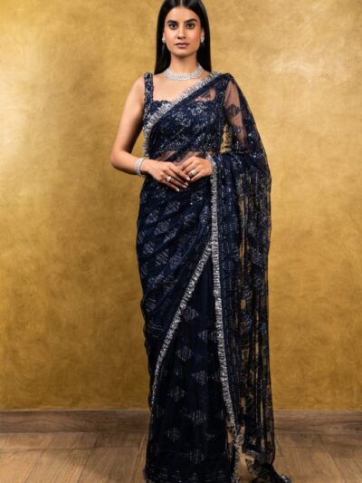 Floral Sequence Black Saree in Net