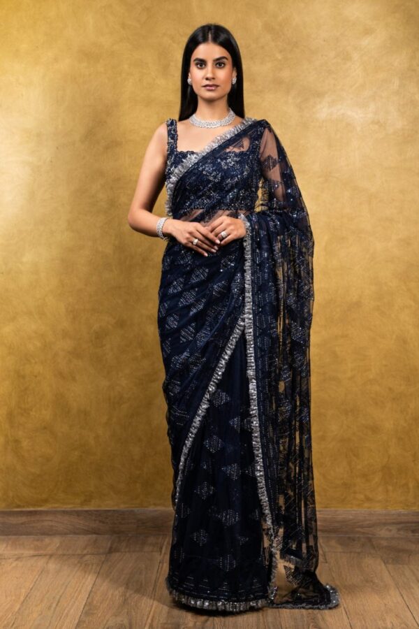 Floral Sequence Black Saree in Net