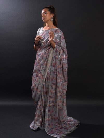 Bollywood Floral Sequence Grey Saree