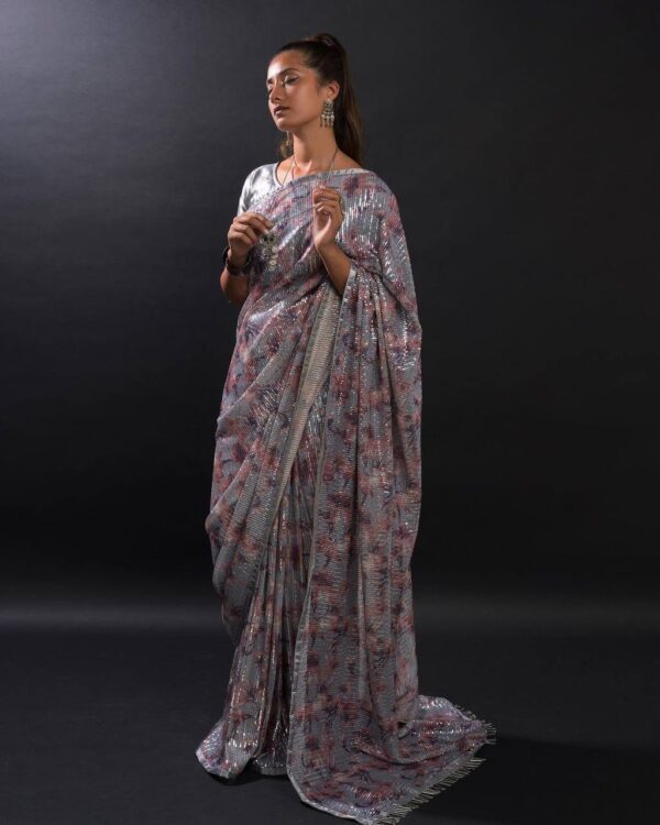 Bollywood Floral Sequence Grey Saree