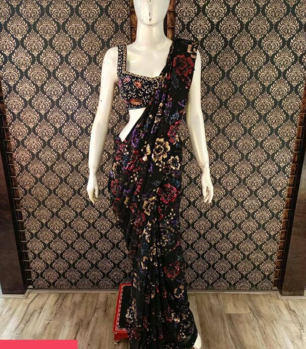 Floral Sequence Fancy Black Saree