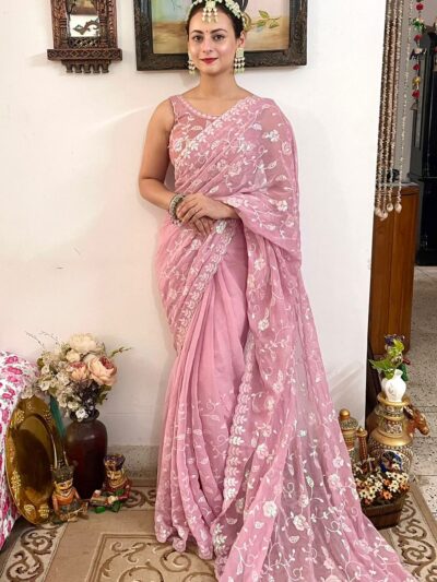 Wedding Fancy Organza Pink Saree