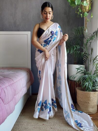 Printed with Work Floral White Saree