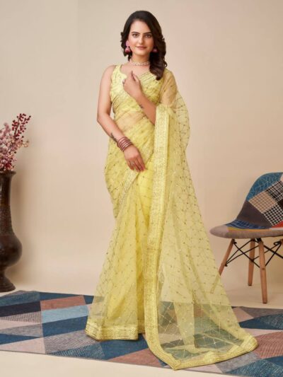 Women Wear Sequence Yellow Saree