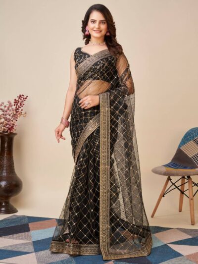 Check Design Sequence Black Saree