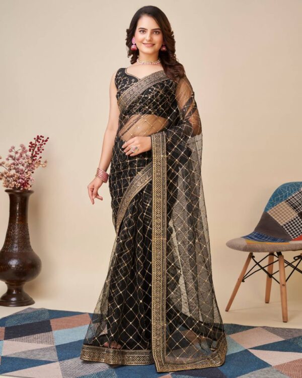 Check Design Sequence Black Saree