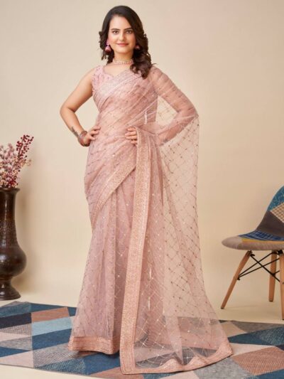 Check Design Women Net Pink Saree