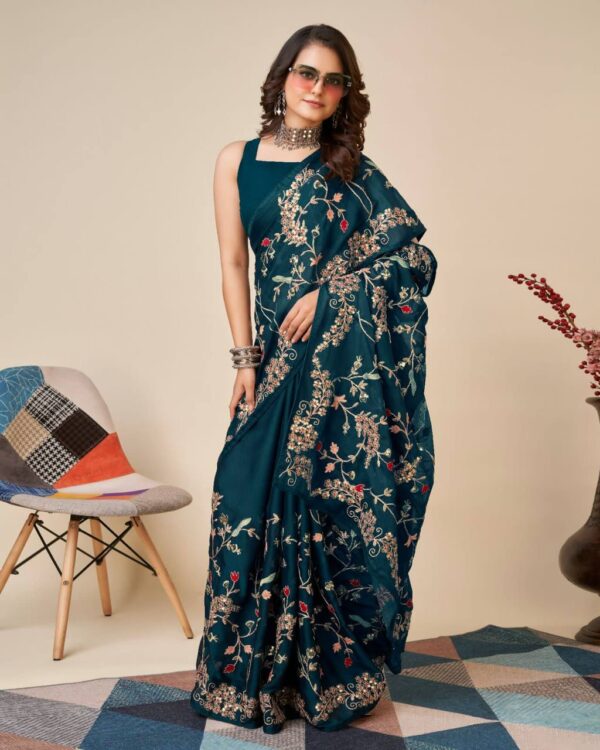 Designer Work Heavy Blue Saree