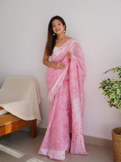 Designer Stylish Linen Pink Saree