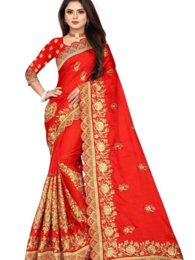 Designer Embroidery Women Red Saree