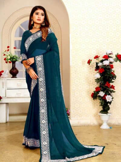 Work Border Georgette Blue Saree