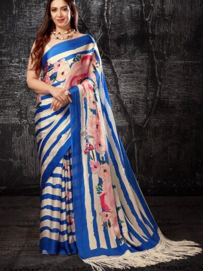 Floral Printed Stylish Silk White Saree