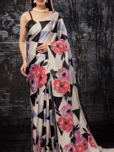 Designer Printed Black and White Saree