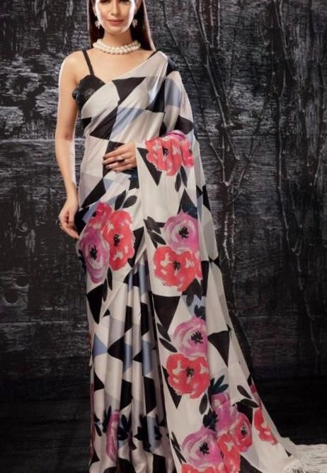 Designer Printed Black and White Saree