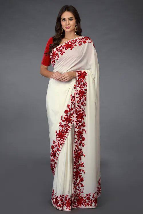 Floral Red Work Border White Saree