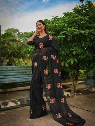 Designer Floral Work Black Saree UK