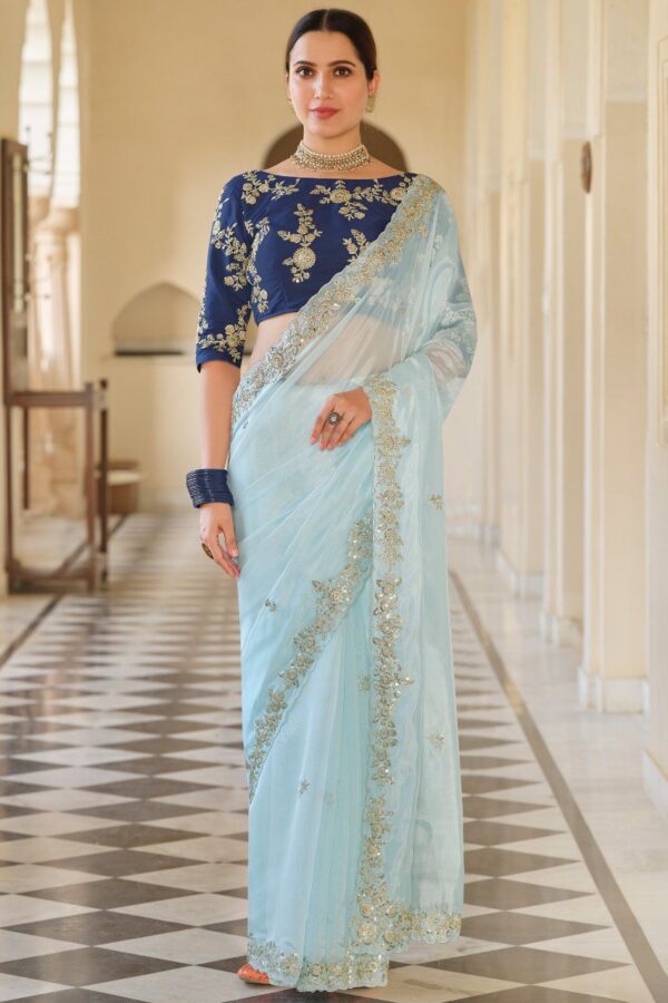 Designer Work Border Sky Blue Saree