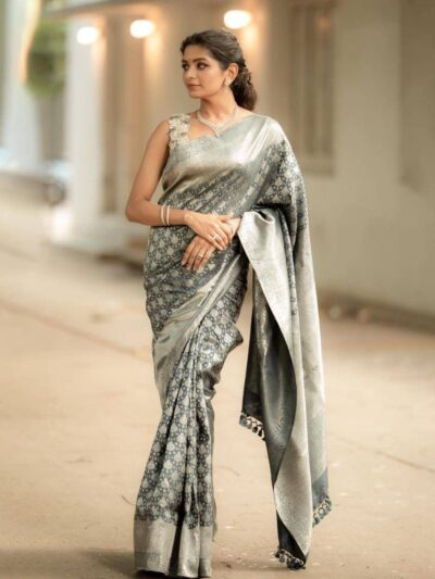 Wedding Party Wear Grey Silk Saree