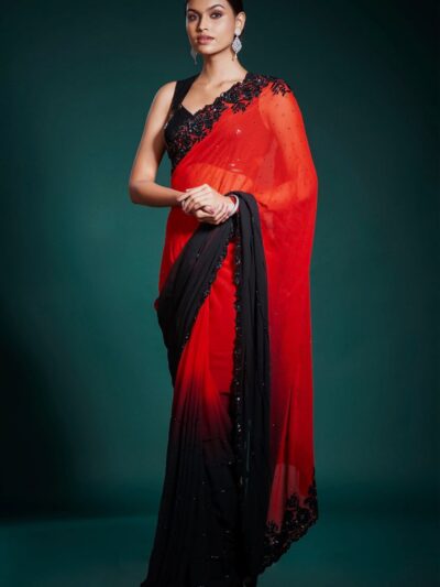 Red Black Saree in Sequence Work