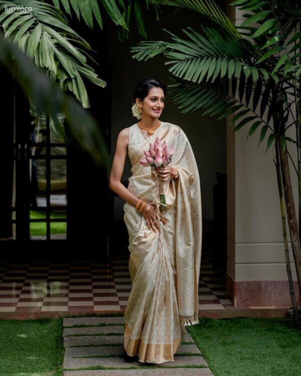 Fancy Women Wear Silk Cream Saree