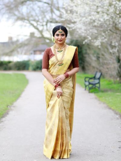 Women Wear Silk Cream Saree Indian