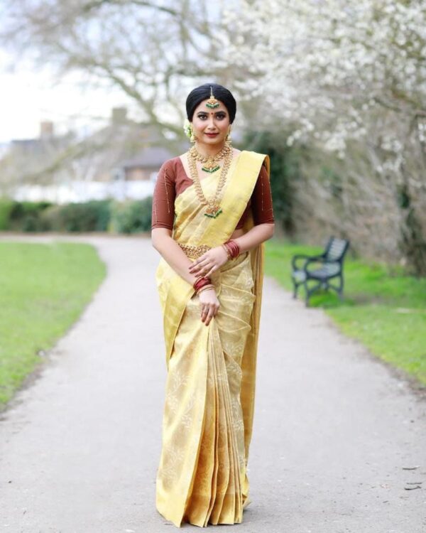 Women Wear Silk Cream Saree Indian