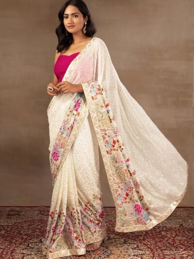 Fancy Sequence Work White Saree