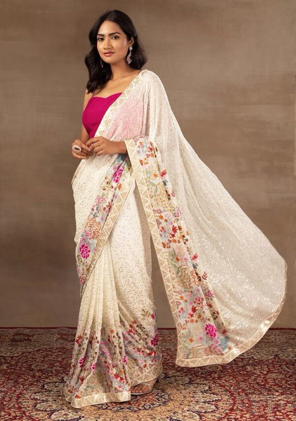 Fancy Sequence Work White Saree