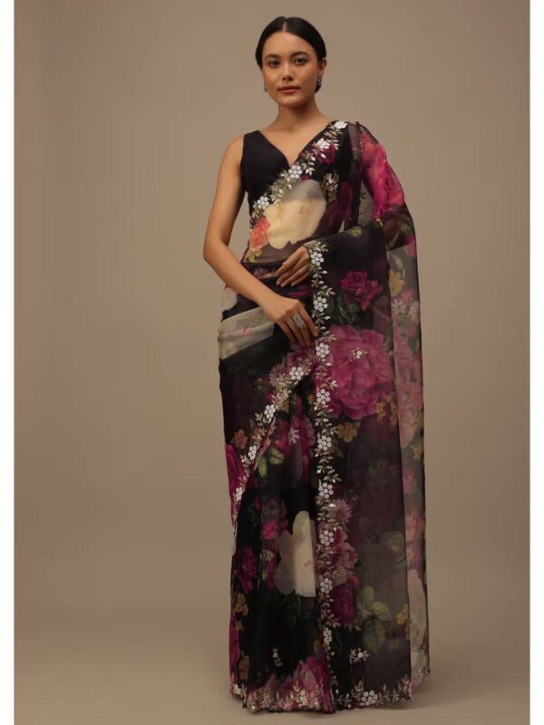 Party Black Floral Organza Saree