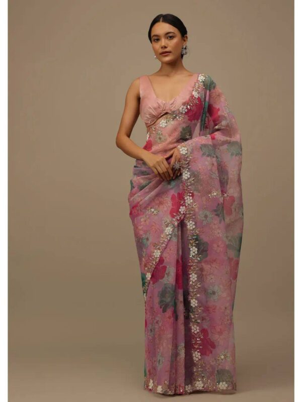 Stylish Pink Floral Design Organza Saree